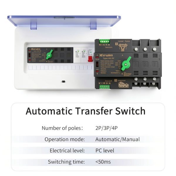 Mini ATS Automatic Transfer Switch 100 amp Manual Transfer Switch Power Transfer Switch 220V Dual Power Electrical Selector Switches DIN Rail Mount（3P）-1